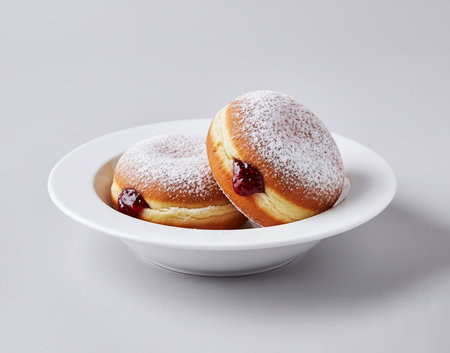 Donuts with cherry jam on a white plate on a gray backgroundの素材