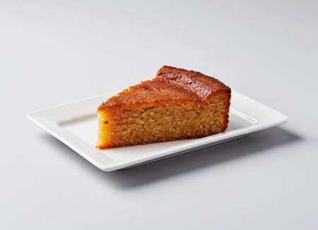 Piece of cake on a white square plate on a white backgroundの素材