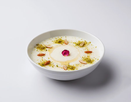 Mehalabeya Milk Pudding: Traditional Middle Eastern Dessert Garnished with Rose Water, Nuts, and Honeyの素材