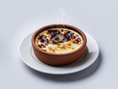 Turkish Sutlac: Traditional Baked Rice Pudding Dessert Served Steaming Hot in a Clay Potの素材