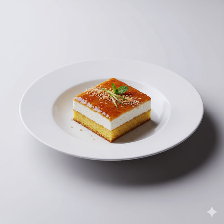 Cheesecake with sesame seeds on a white plate, squareの素材