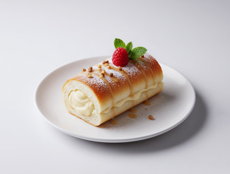 Cheese Roll Dessert: Sweet Cream-Filled Pastry with Raspberry and Honey Garnishの素材