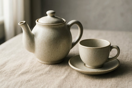 Coffee cup and teapot on table in the morningの素材