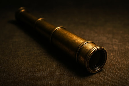 Vintage spyglass on a dark background. Selective focus. Shallow depth of field. Toned.の素材