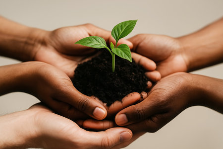Hands holding green sprout in soil on grey background, closeupの素材