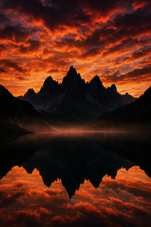 Fantasy landscape with mountains and clouds reflected in a lake at sunsetの素材