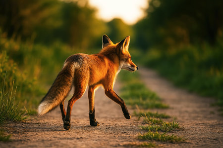 Red fox (Vulpes vulpes) at sunset in summerの素材