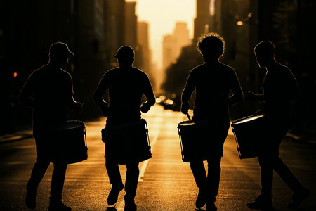 Silhouette of a group of people playing drums in the cityの素材