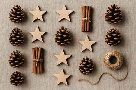 Christmas decoration with pine cones, cinnamon sticks and star on a gray backgroundの素材