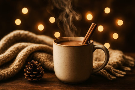 Cup of hot chocolate with cinnamon stick on wooden table. Christmas backgroundの素材