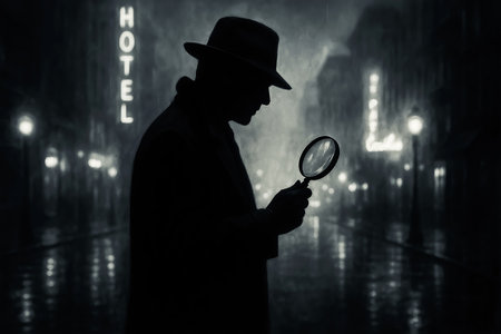 Silhouette of a man in a hat with a magnifying glass on a city street at nightの素材