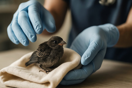 Veterinarian examining a baby sparrow in a veterinary clinic.の素材