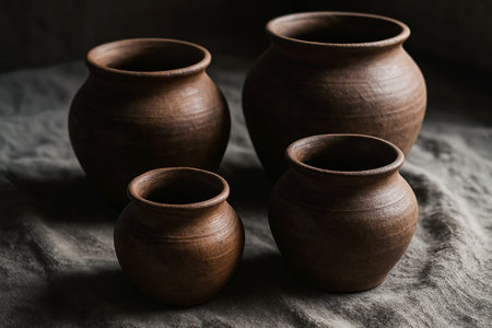 Clay pots on the table. Dark background. Toned.の素材