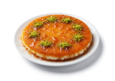Traditional Turkish dessert with pistachios on a plate isolated on white backgroundの素材