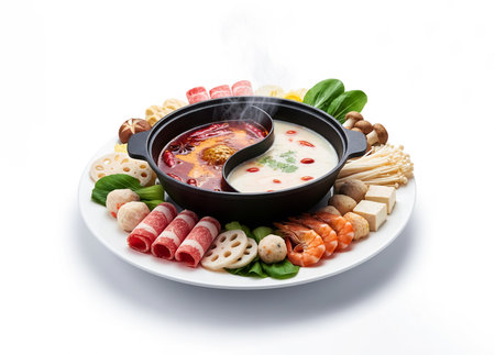 Traditional chinese soup with meat, vegetables and mushrooms on white backgroundの素材