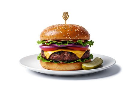 Cheeseburger on plate isolated on white background with clipping pathの素材