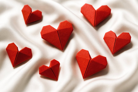Red origami hearts on white silk background. Valentine's day conceptの素材