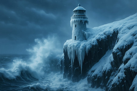 Winter landscape with lighthouse in the middle of a stormy sea.の素材