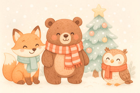 Hand drawn vector illustration of cute cartoon animals in winter clothes and Christmas treeの素材