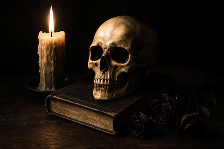 Still life with human skull, candle and old book on wooden tableの素材