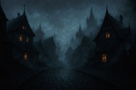 Halloween background with haunted castle and foggy road. 3D renderingの素材
