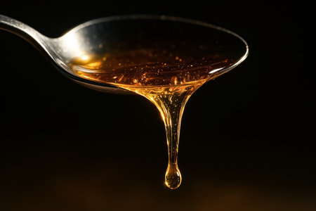 Honey dripping from a spoon on a black background, close upの素材