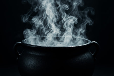 Black pot of boiling water on black background. Selective focus.の素材