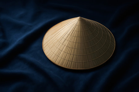Top view of bamboo hat on blue satin background. 3d renderingの素材
