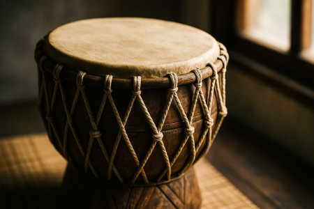 Close up of a djembe drum on a wooden table.の素材