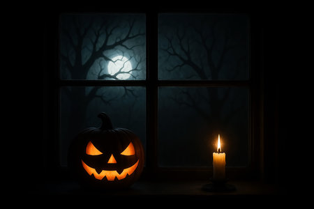 Halloween pumpkin head jack o lantern and burning candle on window sill at nightの素材