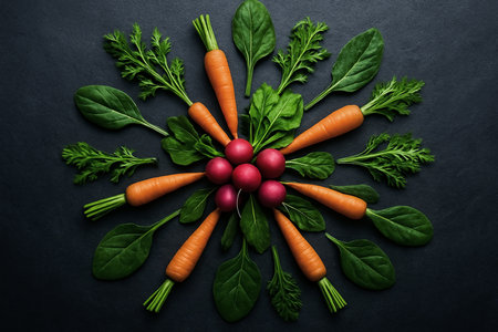 Creative layout made of fresh carrots and greens on black background, top viewの素材