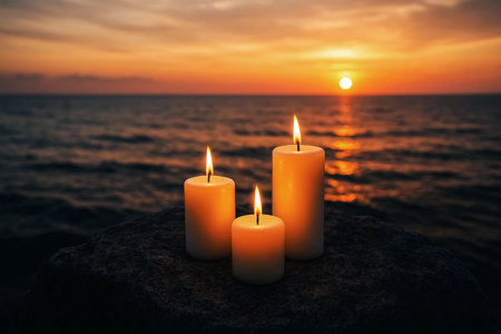 Burning candles on the background of the sea and the setting sunの素材