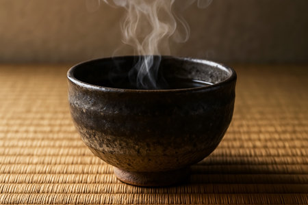 A bowl of hot tea on a bamboo mat with smoke in the backgroundの素材