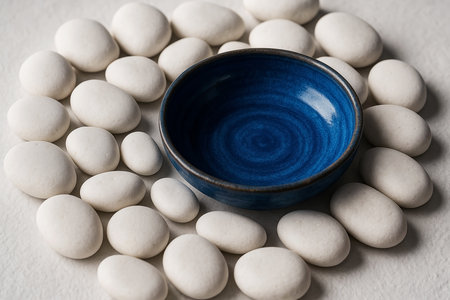 Blue bowl with white stones on a white background, close-upの素材