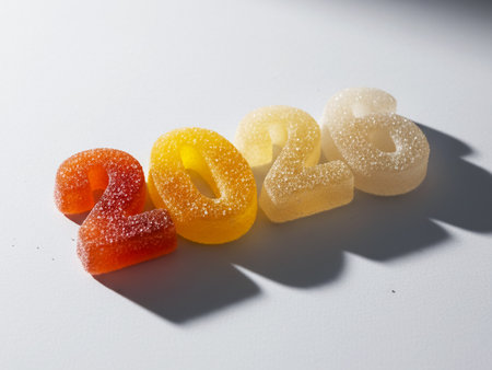 Colorful candies in the form of numbers 2026 on a white backgroundの素材
