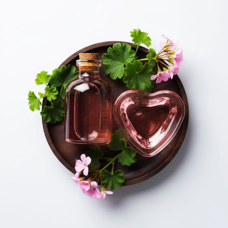 bottle of essential oil with flowers on white background, top viewの素材
