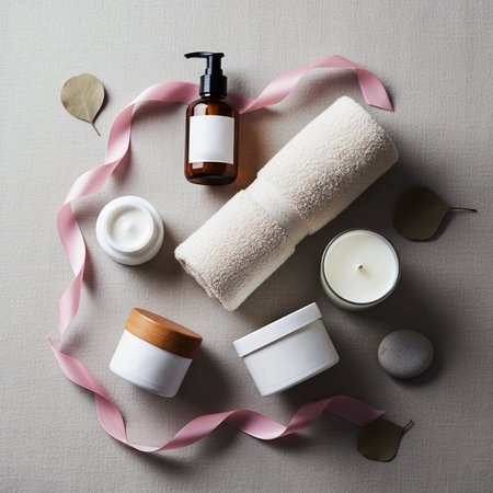 Spa composition with cream, towel and candle on a white backgroundの素材