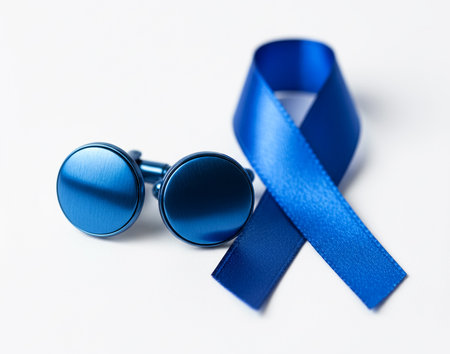 Blue ribbon and glasses on white background, symbol of prostate cancer awarenessの素材