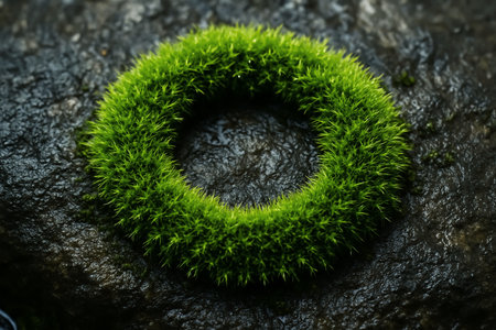 Green moss on black stone background, close up. Nature concept.の素材