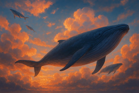 Humpback whale in the sky. 3D render illustration.の素材