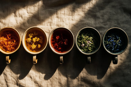 four cups of herbal tea on a linen tablecloth, top viewの素材