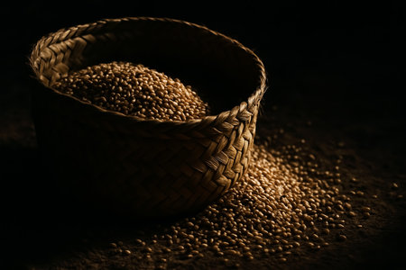 Coffee beans in a wicker basket on a black background.の素材