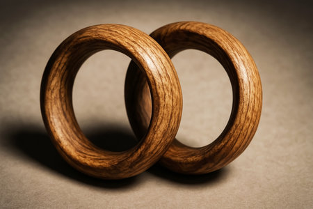 Two wedding rings made of wood on a brown background. Toned.の素材