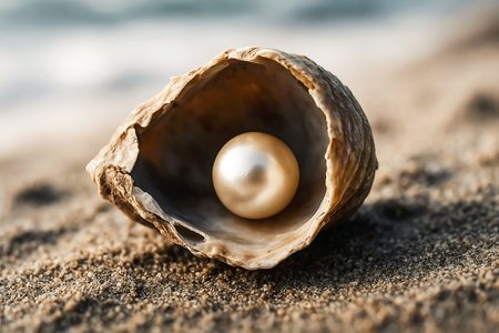 Pearl in shell on the beach. Selective focus. Shallow depth of field.の素材