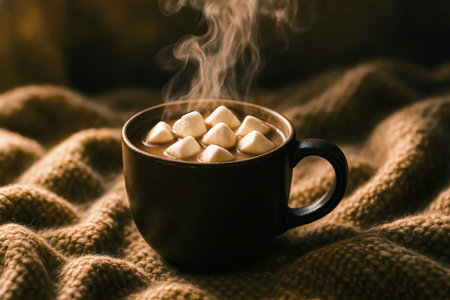 Cup of hot cocoa with marshmallows on warm knitted blanket.の素材