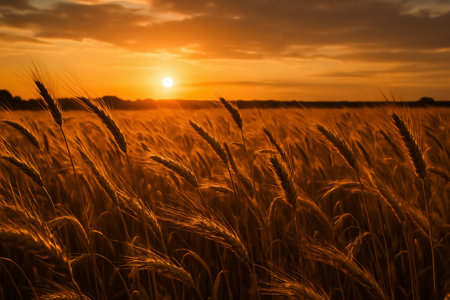 Sunset over the field with golden ears of wheat. Nature background.の素材