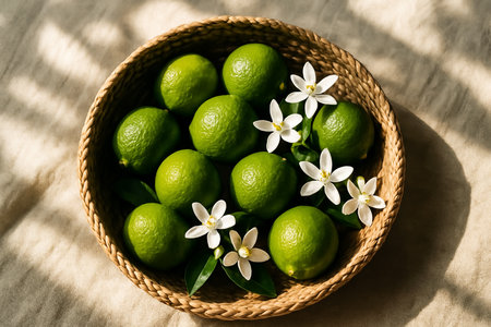 Fresh limes with white flowers in a basket on a light backgroundの素材