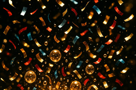 golden confetti and ribbons on black bokeh backgroundの素材