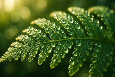 Green fern leaf with dew drops close up. Nature backgroundの素材