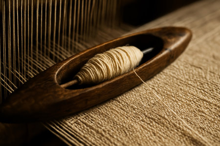 Wooden weaving loom with thread on a textured background.の素材